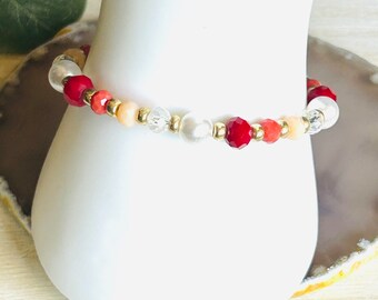 Red, Pink, and Gold Beaded Memory Wire Bracelet