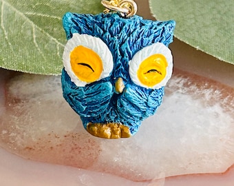Owl Necklace, Cute Owl Pendant, Animal Jewelry, Blue Owl Necklace, Gold Chain Necklace, Gift for Her, Nature Jewelry, Owl Lover Gift