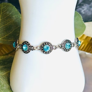 Blue Rhinestone Southwestern Bracelet , Womens Silver Bracelet