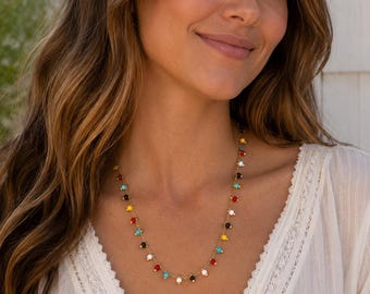 Colorful Beaded Charm Necklace | Gold Chain Dainty Necklace | Multicolor Bead Station Necklace | Handmade Women’s Jewelry Gift