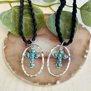 Leather Western Turquoise Cross Necklace, Women’s Southwestern Religious Baptism Necklace