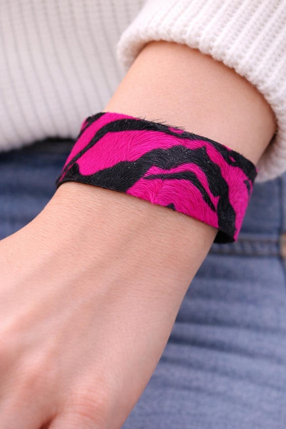Hot Pink Zebra Hair on Hide Leather Cuff | Western Statement