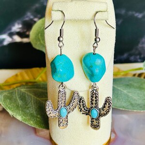 Silver Cactus And Turquoise Pendants Earrings , Women’s Southwester Western Plant Drop Earrings
