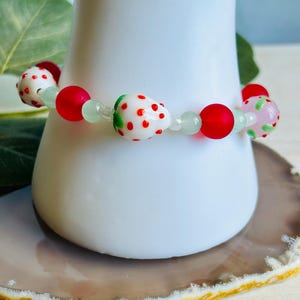 Glass Strawberry Beaded Bracelet , Womens Fruit Food Boho Hippie Bracelet