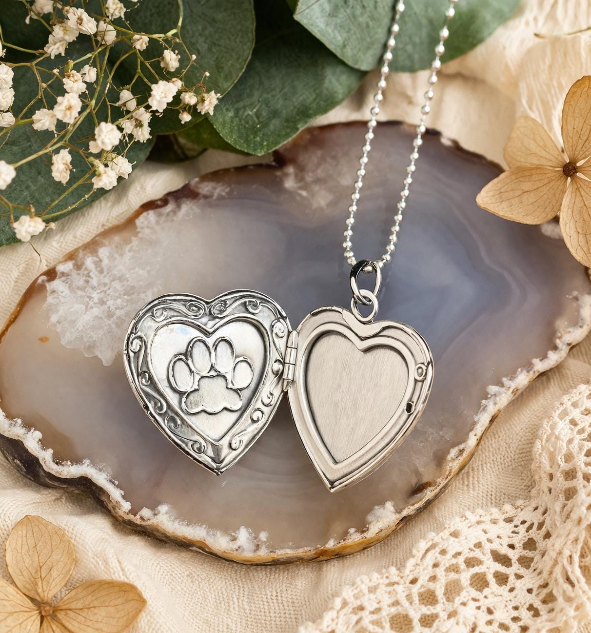Animal Lockets Gold or Silver Paw Print Heart Locket Necklace, Pet Memorial Jewelry ...