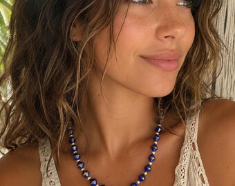 Royal Blue Gold Beaded Necklace, Handmade Boho Necklace, Cobalt Blue Statement Jewelry, Elegant Beaded Necklace for Women, Gift for Her