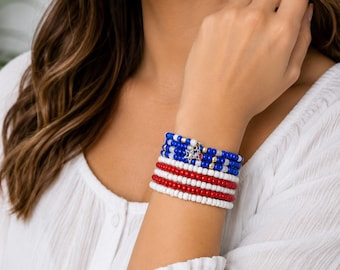 Patriotic Memory Wire Bracelet, Red White Blue Beaded Wrap Bracelet, Americana Jewelry, Fourth of July Bracelet, USA Star Charm Bracelet