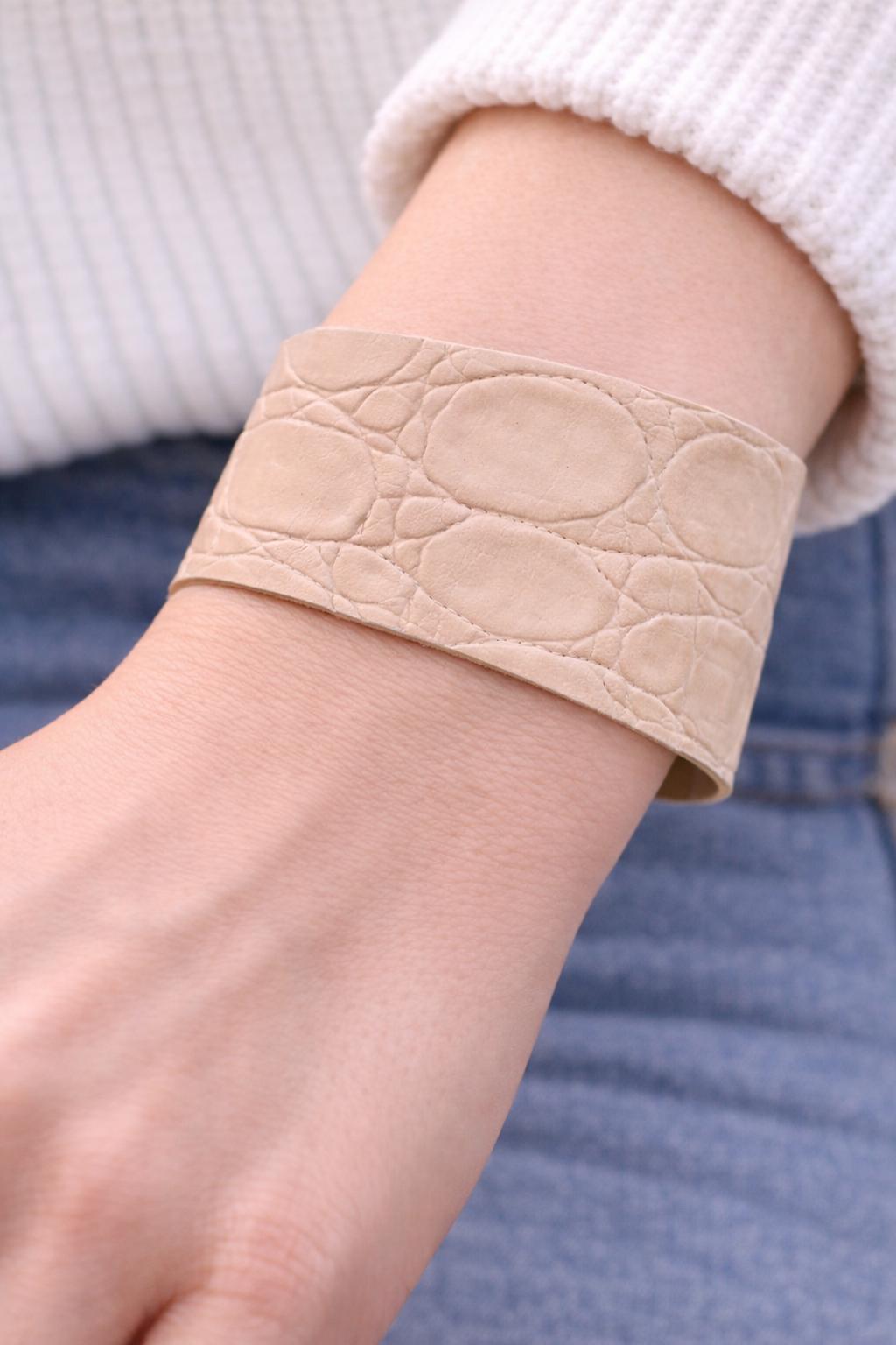 White Croc Embossed Snap Cuff Bracelet Neutral Croc Embossed Leather Cuff Bracelet | Beige Wide  main image 3