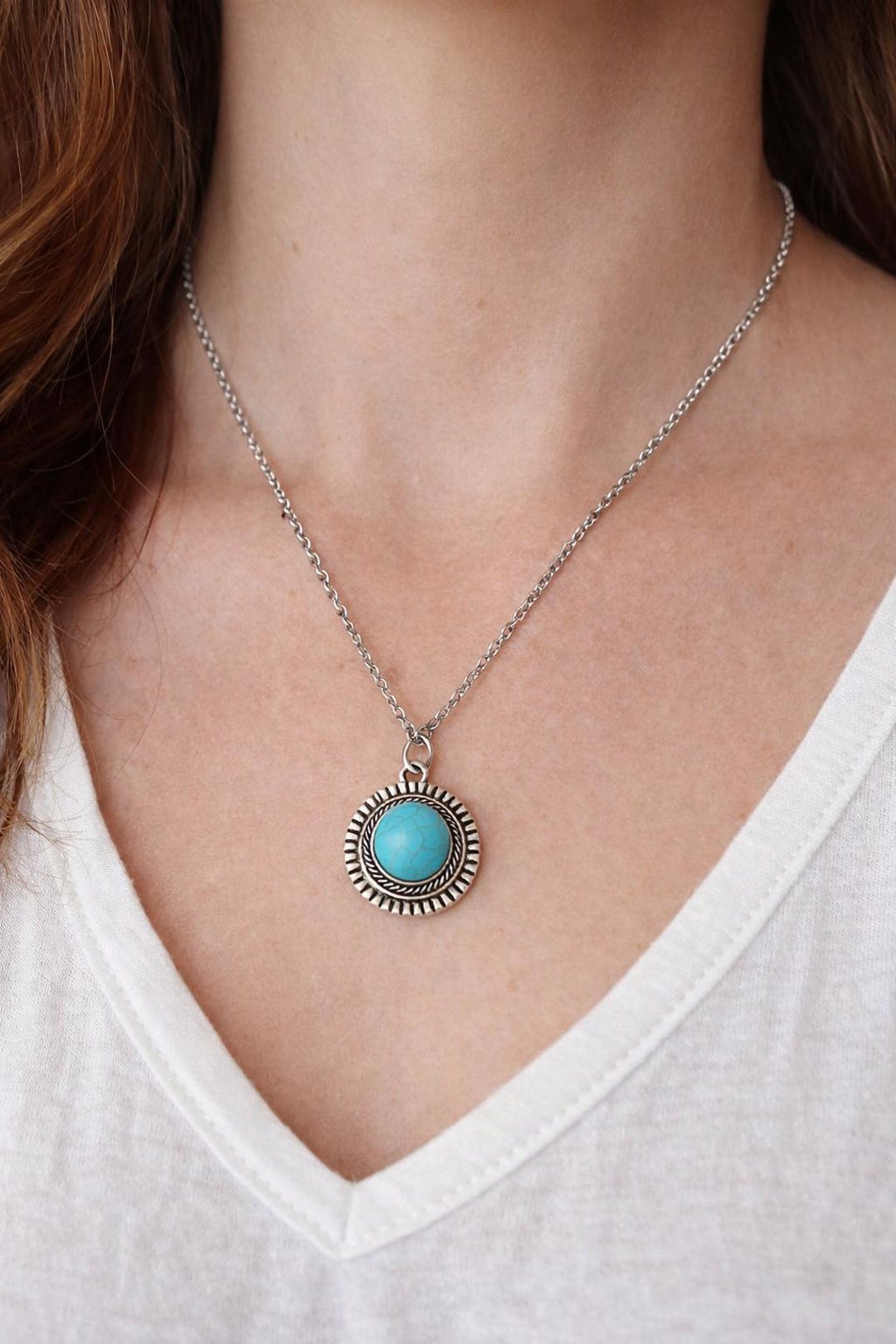 Western Turquoise Pendant Necklace, Boho Turquoise Stone Necklace