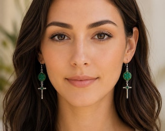 Turquoise Cross Earrings, Christian Dangle Earrings, Floral Turquoise Earrings, Western Boho Faith Jewelry, Religious Gift for Women