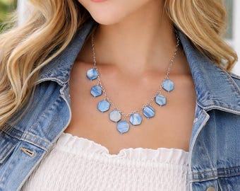 Blue Shell Necklace, Coastal Cottagecore Jewelry, Ocean Inspired Beaded Necklace, Beachy Boho Necklace, Summer Jewelry Gift