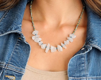 Raw Quartz Crystal Necklace, Boho Beaded Necklace, White Crystal Jewelry, Cottagecore Necklace, Handmade Gemstone Necklace Gift