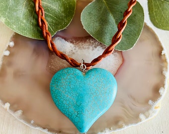 Turquoise Heart Necklace, Womens Brown Leather Necklace