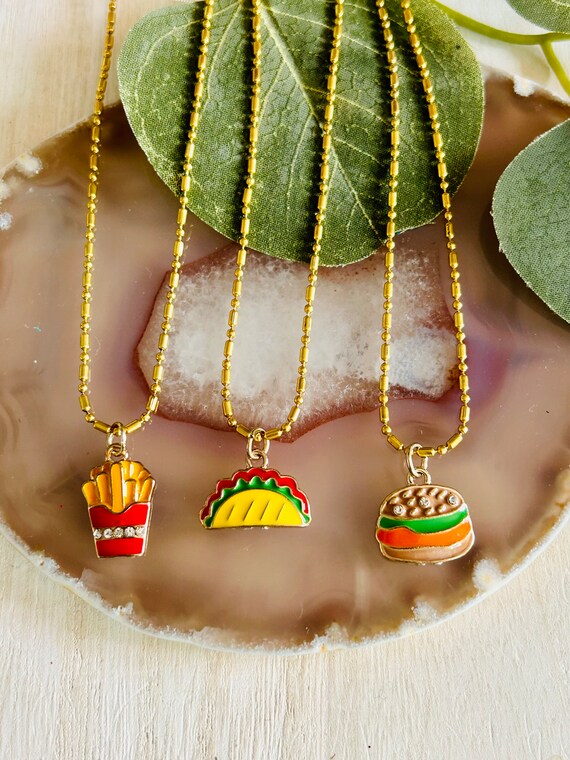 Fast Food Charm Necklace for Kids, Fries Taco Burger Necklace