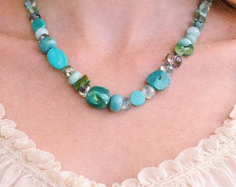 Shell Beaded Necklace, Coastal Jewelry, Aqua Beach Necklace, Ocean Inspired Necklace, Boho Summer Jewelry Gift for Her