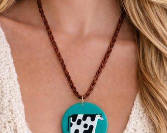 Cow Necklace, Western Cow Pendant Necklace, Farm Animal Jewelry, Turquoise Cow Charm Necklace, Country Girl Gift, Cow Lover Jewelry