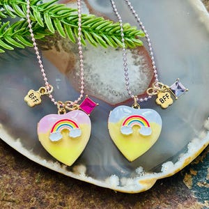 Yellow Rainbow Heart BFF Locket Necklace, Kids Love Friendship Hippie Boho Bead Chain Necklace