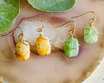 Brincos de pedra preciosa enrolados em fio, brincos femininos de ágata aventurina boho hippie D2
