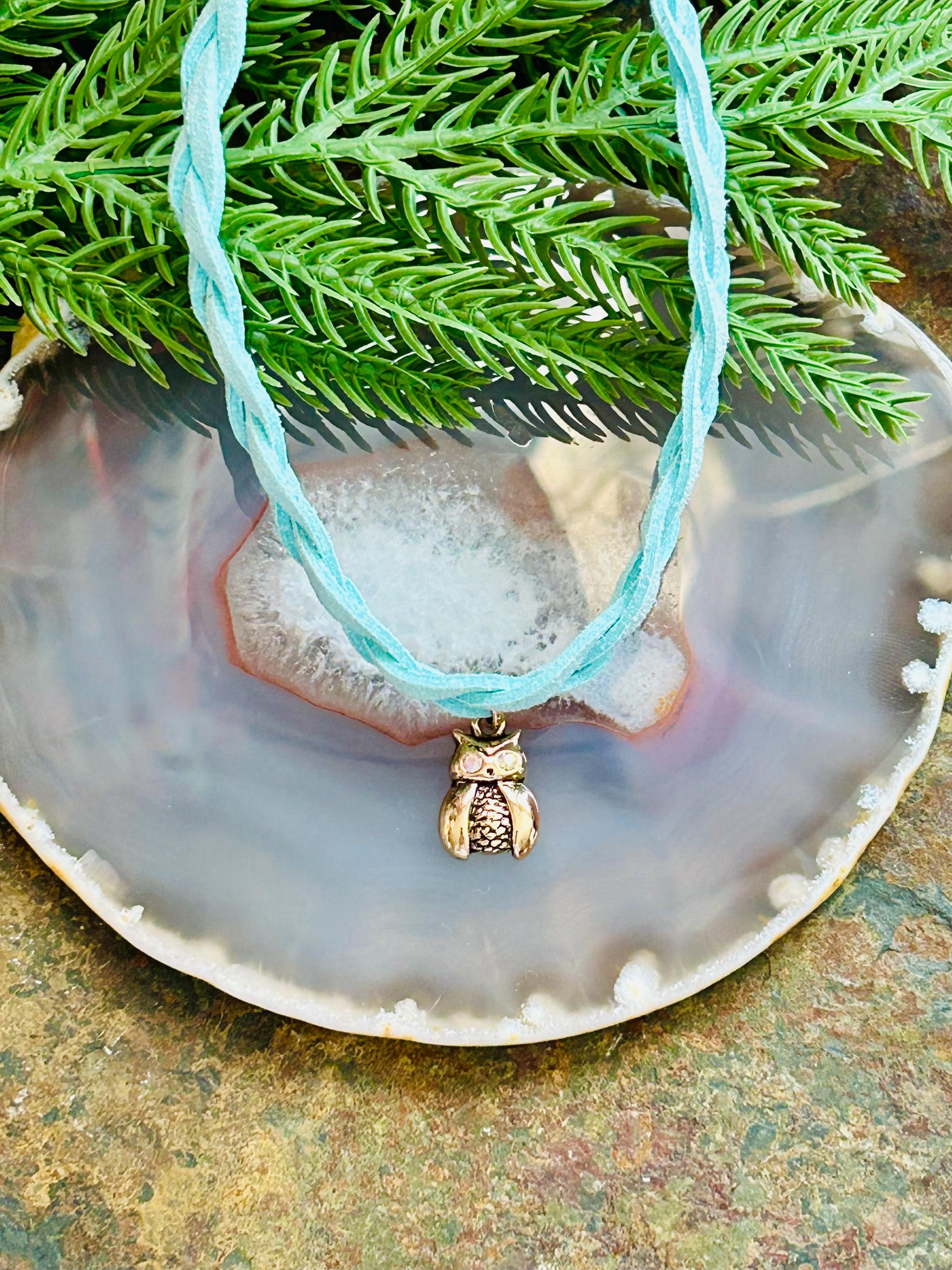 Girls Sea Foam Green Owl Necklace: Braided Faux Suede