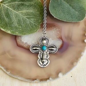 Rounded Silver And Turquoise Cross Necklace, Women’s Southwestern Western Religious Baptism Necklace