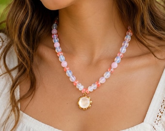 White And Pink Glass Beaded Flower Charm Necklace, Womens Boho Hippie Floral Necklace
