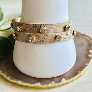 Women’s Beige And Gold Flower Bracelet, Womens  Leather Cuff With Crystal Rivets