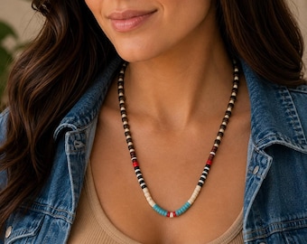 Southwestern Beaded Necklace, Turquoise Red Black & Cream Heishi Necklace, Boho Tribal Style Long Beaded Necklace for Women