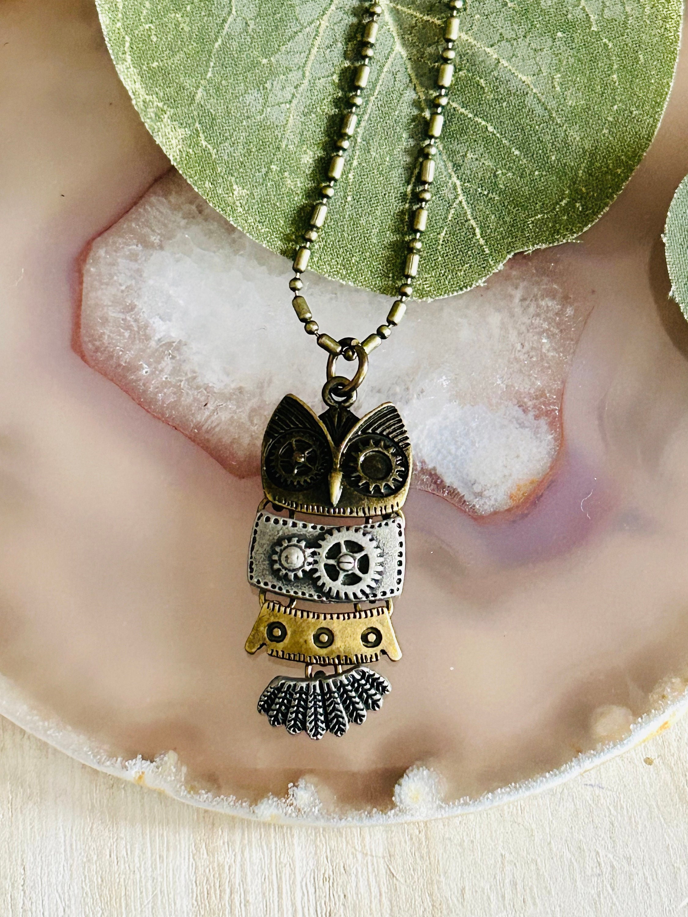Steampunk Owl Necklace, Bronze and Silver Finish
