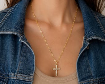 Gold Cross Necklace, CZ Christian Necklace, Faith Inspired Jewelry, Dainty Religious Pendant, Minimalist Cross Gift for Women