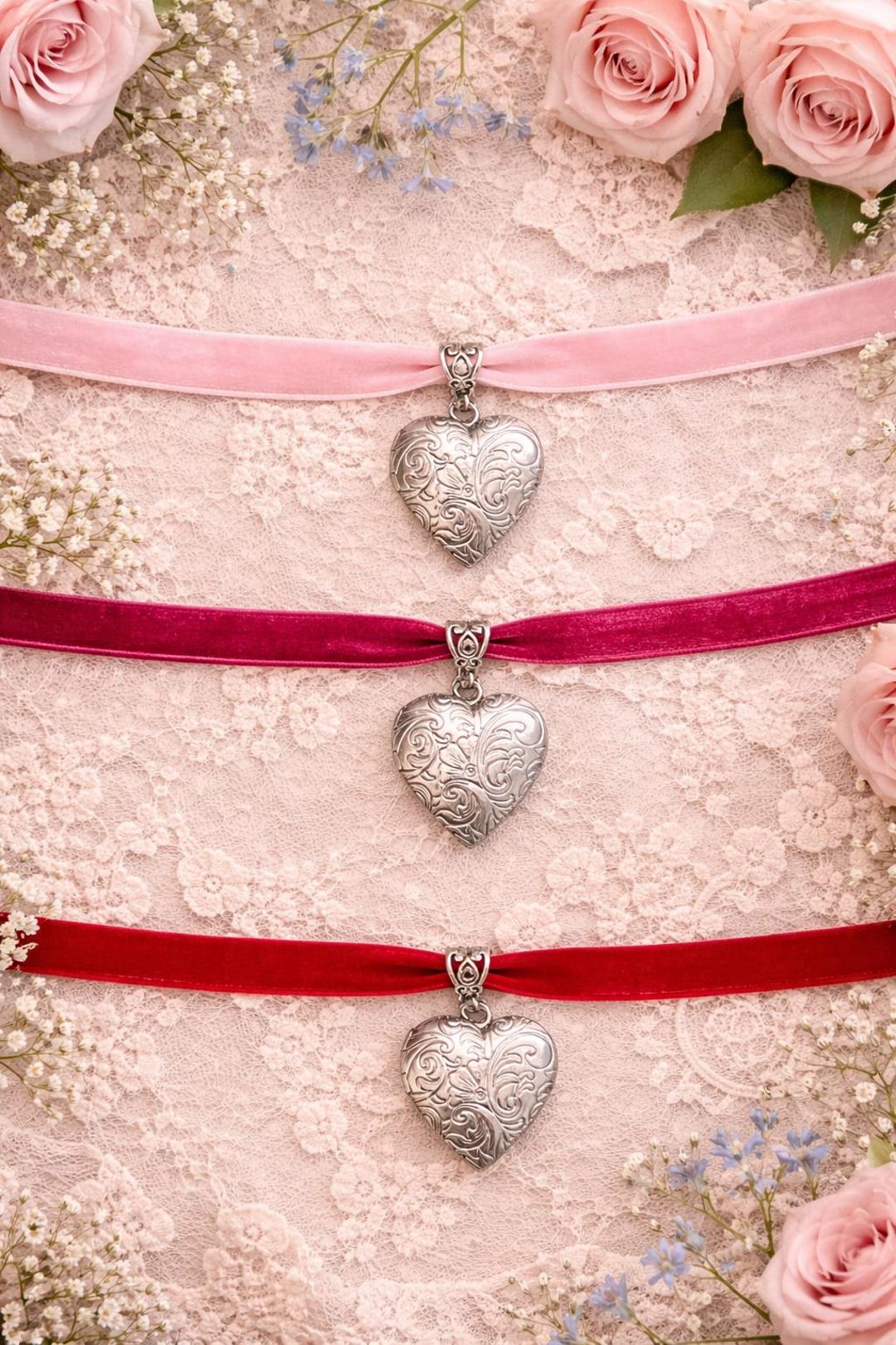 Pink Velvet Choker Heart Locket, Romantic Necklace, Cottagecore Jewelry ...