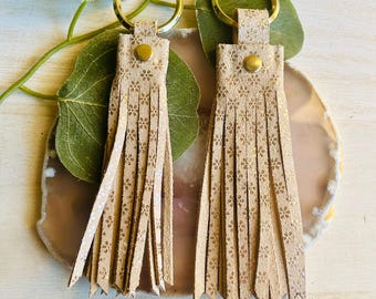 Neutral Tassel Keychain | Beige Floral Leather Keychain | Boho Minimalist Bag Charm | Purse or Backpack Accessory | Handmade Gift for Her