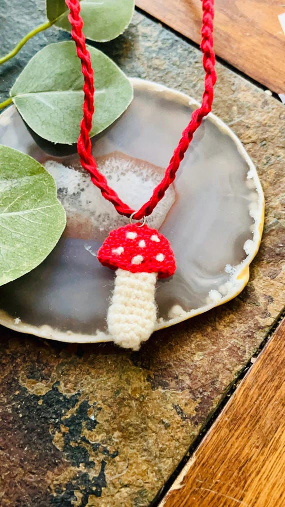 Red Faux Leather Braided Crochet Mushroom Pendant Necklace, Kids