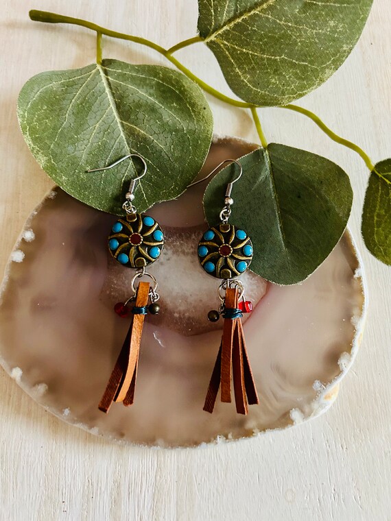 Leather and bead earrings sale