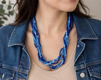 Blue Multi Strand Beaded Necklace, Layered Blue Statement Necklace, Boho Bead Necklace, Handmade Fashion Jewelry, Gift for Women