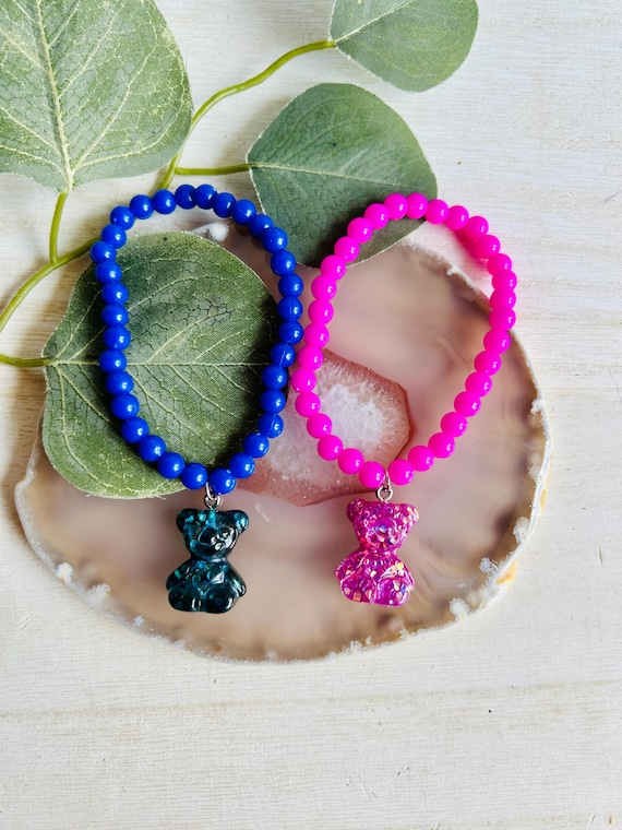 Girls Glitter Gummy Bear Charm Stretch Bracelet Girls Beaded