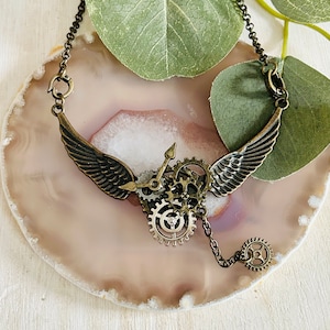 Women’s Steampunk Winged Gear Pendant Necklace, Women’s Gold, Antique Gold & Silver Necklace