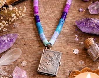 Fairytale Book Locket Necklace, Pastel Beaded Necklace, “Once Upon a Time” Locket, Cottagecore Jewelry, Gift for Her