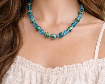 Turquoise blauwe agaatketting, statementketting met kralen, boho Cottagecore-sieraden, handgemaakte edelsteenketting cadeau voor haar