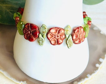 Orange Flower Bracelet , Womens Floral Bracelet