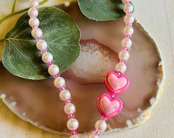 Heart Beaded Toggle Necklace, Girls Pink White Flower Boho