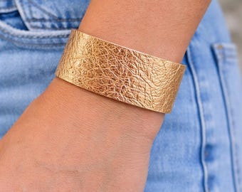 Rose Gold Leather Cuff Bracelet, Metallic Leather Statement Bracelet, Wide Rose Gold Bracelet, Boho Western Jewelry