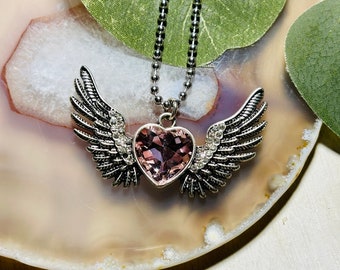 Kids Pink Heart and Wings Necklace, Boho Friendship Jewelry