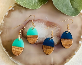 Women’s Blue & Wood Grain Oval Earrings , Women’s Drop Earrings D5