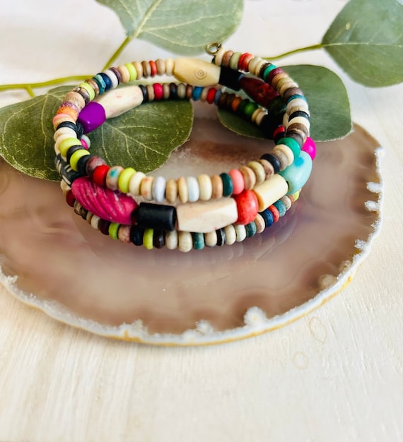 Wood Bead Bracelet Womens Boho Hippie Memory Wire Bracelet Etsy
