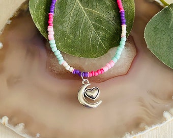 Kids Beaded Necklace: Moon Heart Charm, USA Handmade
