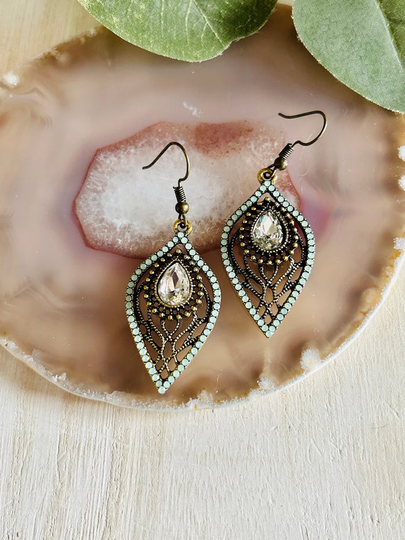 Womens Bronze and Turquoise Earrings Womens Teardrop Victorian