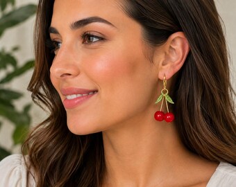 Oorbellen met kralen en rode kersen, dames oorbellen met fruitmotief in boho-hippiestijl D4