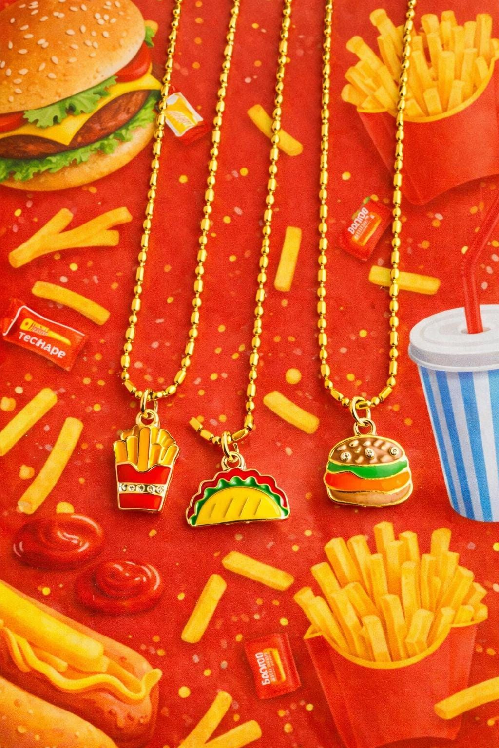 Fast Food Charm Necklace for Kids, Fries Taco Burger Necklace