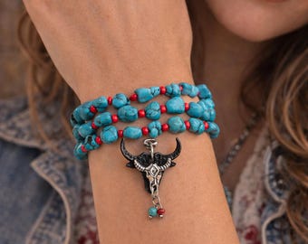 Turquoise Longhorn Memory Wire Bracelet, Western Wrap Bracelet, Cowgirl Bull Skull Jewelry, Southwestern Statement Bracelet