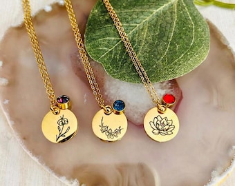 Collana con fiore e pietra portafortuna, ciondolo floreale inciso con disco in oro, gioiello personalizzato con mese di nascita, regalo personalizzato per lei, venduto separatamente